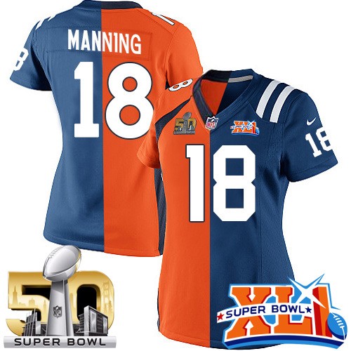 Women's Limited Peyton Manning Super Bowl XLI Nike Jersey Royal Blue/Orange - #18 Super Bowl L Colts/Broncos Split Fashion NFL Indianapolis Colts